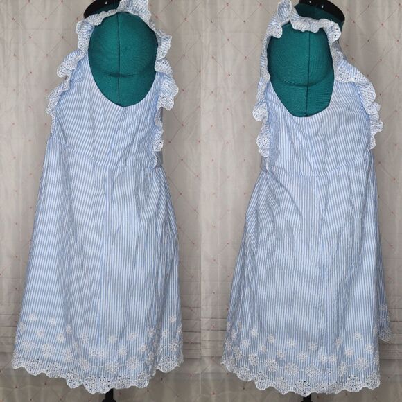 Loft Sz LP Blue Striped Eyelet Button Ruffle Swing‎ Dress Country Cottage Coasta - Picture 2 of 8